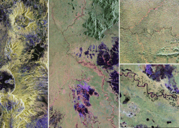 Da sinistra: Tibesti Mountains, nel deserto del Sahara; la foresta amazzonica in Brasile; (dall'alto in basso) Gabon e il fiume Ivindo in Africa; Rio Reni in Bolivia. Credits: ESA