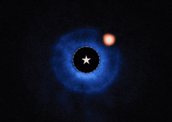 Immagine dello strumento MIRI del James Webb a cui è stata sottratta la luce della stella TWA 7. In alto a destra, quello che potrebbe essere un pianeta giovane e freddo con una massa simile a quella di Saturno. Credits: ESA/Webb, NASA, CSA, A.M. Lagrange, M. Zamani (ESA/Webb)