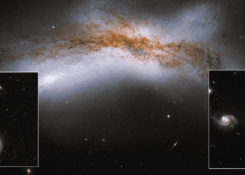 Diversi scenari futuri per Via Lattea e Andromeda. In basso a sinistra, le due si avvicinano solo a 1 milione di anni luce di distanza. In basso a destra, a 500mila anni luce di distanza, la materia oscura fornisce attrito che porta le galassie a un incontro ravvicinato. Al centro, una distanza di 100 mila anni luce porta a una collisione. Credits: NASA/ESA
