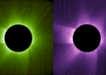 A sinistra, la corona interna del Sole ripresa il 23 maggio 2025 dal coronografo ASPIICS di Proba‑3. L’immagine, catturata nello spettro visibile, mostra le strutture filamentose della corona come apparirebbero all’occhio umano durante un’eclissi. A destra, la corona osservata da Proba‑3 in luce bianca polarizzata. Questa tecnica consente di isolare la luce della corona da quella diffusa dalla polvere interplanetaria. Credits: ESA/Proba-3/ASPIICS/WOW algorithm
