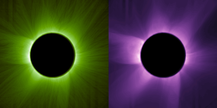 A sinistra, la corona interna del Sole ripresa il 23 maggio 2025 dal coronografo ASPIICS di Proba‑3. L’immagine, catturata nello spettro visibile, mostra le strutture filamentose della corona come apparirebbero all’occhio umano durante un’eclissi. A destra, la corona osservata da Proba‑3 in luce bianca polarizzata. Questa tecnica consente di isolare la luce della corona da quella diffusa dalla polvere interplanetaria. Credits: ESA/Proba-3/ASPIICS/WOW algorithm