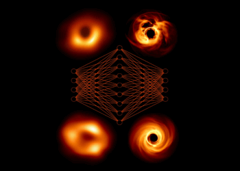 Rappresentazione artistica di una rete neurale che collega le osservazioni (a sinistra) ai modelli (a destra). Credits: EHT Collaboration/Janssen et al.