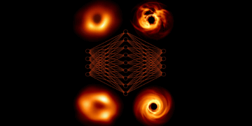 Rappresentazione artistica di una rete neurale che collega le osservazioni (a sinistra) ai modelli (a destra). Credits: EHT Collaboration/Janssen et al.