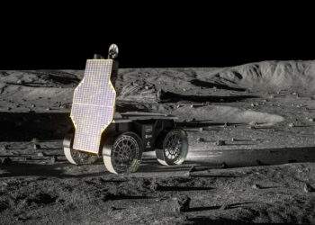 Un render del rover Mona Luna di Venturi Space France, mentre si muove sulla superficie lunare. Credits: Sacha Lakic