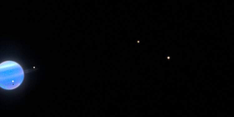 Il pianeta Urano e le sue cinque lune più grandi: Titania, Oberon, Umbriel, Miranda e Ariel. È visibile anche l'ombra di Ariel, che è sovrapposta a Urano. Credits: NASA, ESA, STScI, Christian Soto (STScI)