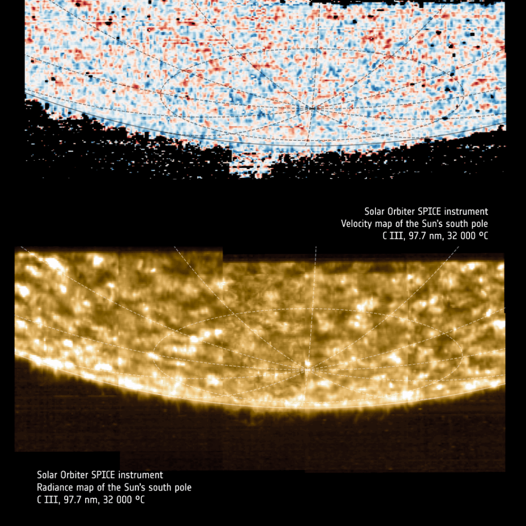 Confronto tra due osservazioni di SPICE del polo sud del Sole, registrate il 22–23 marzo 2025: in alto la mappa delle velocità, con colori che indicano il moto del plasma verso (blu) o lontano (rosso) dalla sonda; in basso, una mappa che mostra la distribuzione degli ioni di carbonio. Credits: ESA & NASA/Solar Orbiter/SPICE Team, M. Janvier (ESA) & J. Plowman (SwRI)