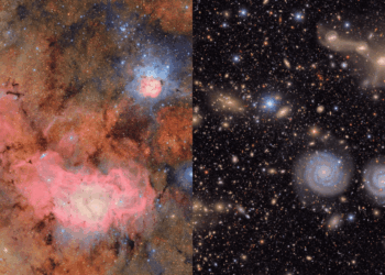 Due porzioni di due delle prime immagini della "prima luce" del Vera C. Rubin Observatory. A sinistra, la nebulosa Laguna e la nebulosa Trifida. A destra, l'ammasso della Vergine. Credits: NSF-DOE Vera C. Rubin Observatory
