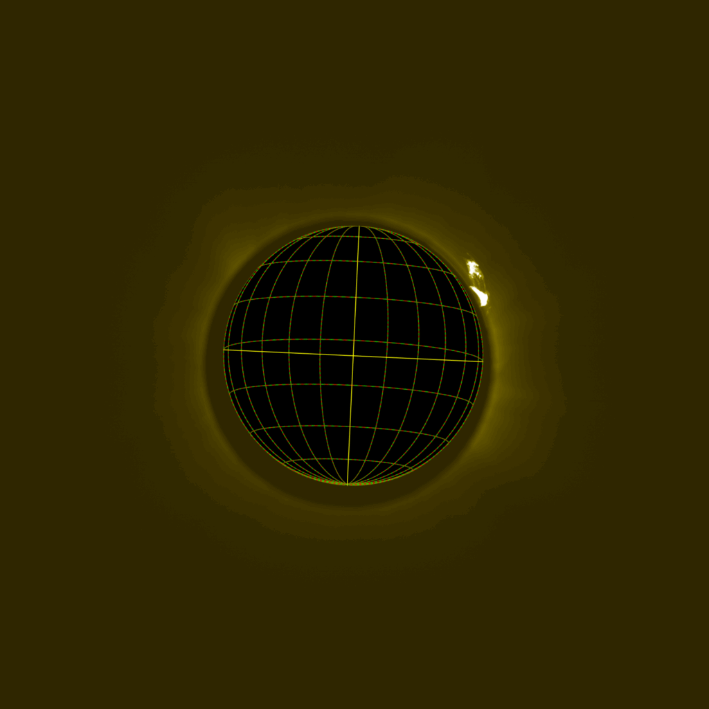 La corona interna del Sole, in giallo tenue, ripresa il 25 marzo 2025 dal coronografo ASPIICS di Proba‑3, osservando nella riga spettrale emessa dagli atomi di elio. L’immagine mostra la corona come apparirebbe durante un’eclissi attraverso un filtro giallo. In alto a destra si distingue una protuberanza: una nube di plasma più freddo, attorno ai 10mila gradi, immersa nel caldissimo ambiente coronale da oltre un milione di gradi. Credits: ESA/Proba-3/ASPIICS