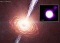 Un getto sorprendentemente potente di un buco nero supermassiccio nel "mezzogiorno cosmico", a 11.6 miliardi di anni luce di distanza, in una rappresentazione artistica (sfondo) e da dati Chandra (in alto a destra). Credits: X-ray: NASA/CXC/CfA/J. Maithil et al.; Illustration: NASA/CXC/SAO/M. Weiss