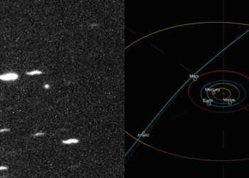Il candidato oggetto interstellare A11pl3z, da una ripresa del Deep Random Survey in Cile (a sinistra) e la sua probabile orbita (a destra) rispetto al Sistema Solare.