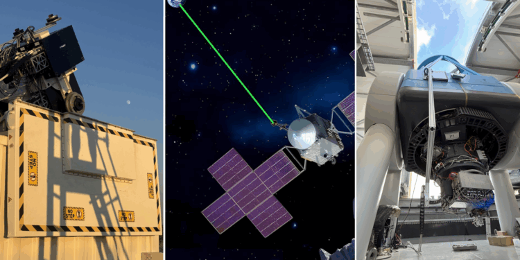 A sinistra, il Ground Laser Transmitter all'Osservatorio Kryoneri in Grecia. Al centro, un render della missione Psyche con a bordo DSOC. A destra, il Ground Laser Receiver all'Osservatorio Helmos.