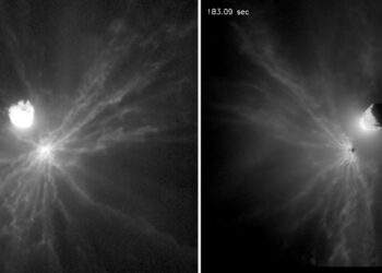 Immagini dei detriti rilasciati dall'impatto di DART su Dimorphos scattate dal cubesat italiano LICIACube. Credits: NASA DART team/LICIACube