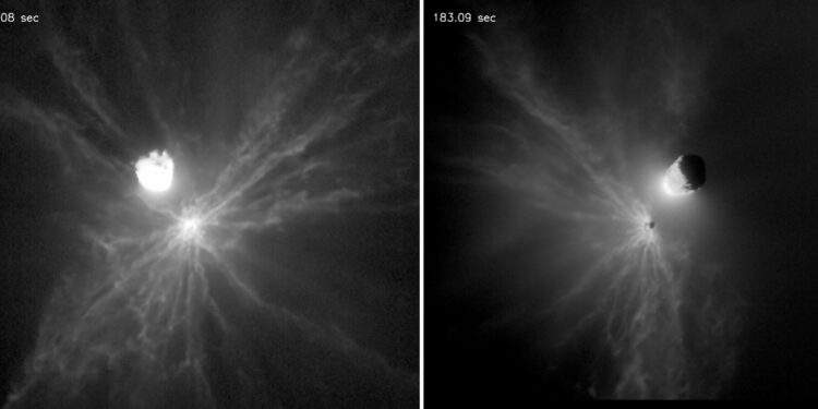 Immagini dei detriti rilasciati dall'impatto di DART su Dimorphos scattate dal cubesat italiano LICIACube. Credits: NASA DART team/LICIACube