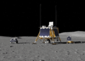 Render Artistico di Blue Ghost Mission 4, che mostra il lander lunare Blue Ghost di Firefly Aerospace e i carichi utili della NASA nella regione lunare del Polo Sud. Credits: Firefly Aerospace