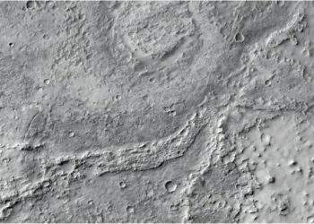 Una cresta fluviale moderatamente erosa emerge chiaramente dal terreno circostante, con piccoli crateri sulla sua superficie e una curva marcata che indica un antico meandro; a nord si distingue un cratere pianeggiante probabilmente colmato da acqua o sedimenti. Credits: NASA/JPL/MSSS/The Murray Lab