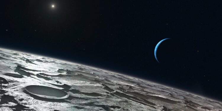 Rappresentazione artistica di come Tritone, la luna più grande di Nettuno, potrebbe apparire dall'alto sopra la sua superficie, con Nettuno e il Sole in lontananza. Credits: ESO/L. Calçada