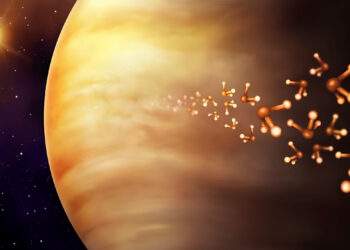 Rappresentazione artistica di Venere e composti con potenziali biofirme che saranno indagati dalla missione VERVE proposta dal Regno Unito. Credits: Danielle Futselaar
