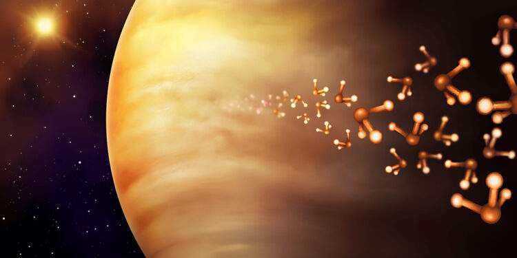 Rappresentazione artistica di Venere e composti con potenziali biofirme che saranno indagati dalla missione VERVE proposta dal Regno Unito. Credits: Danielle Futselaar