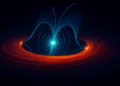 Rappresentazione artistica delle regioni centrali del sistema PSR J1023+0038, che mostra la pulsar, il disco di accrescimento interno e il vento della pulsar. Credits: Marco Maria Messa (Università di Milano/INAF) e Maria Cristina Baglio (INAF)