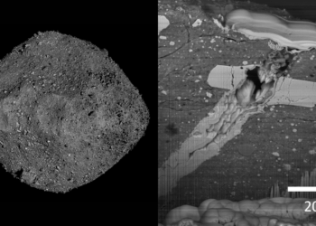 A sinistra, Bennu visto dalla sonda OSIRIS-REx. A destra, analisi dettagliata dei campioni dell'asteroide. Credits: NASA/GSFC/University of Arizona/Zia Rahman