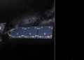 A sinistra, un render della sonda Hera. A destra, uno stacking di diverse riprese dell'asteroide (1126) Otero ottenute l'11 maggio 2025 quando la sonda si trovava a 2.8 milioni di km di distanza. Credits: ESA/Science Office, composizione Astrospace.it