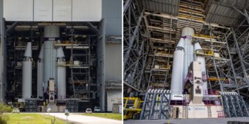 L'assemblaggio dei quattro booster P160C sull'Ariane 64 allo spazioporto europeo di Kourou in Guyana francese. Credits: Arianespace