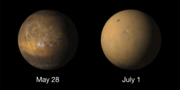 Confronto tra Marte prima e durante la tempesta di polvere globale del 2018, osservata dalla sonda Mars Reconnaissance Orbiter. Credits: NASA/JPL-Caltech/MSSS/RAS/University of Birmingham