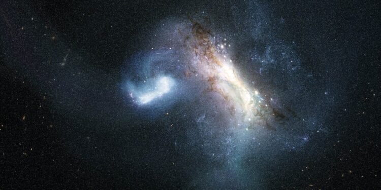 Render artistico della collisione tra la galassia nana LKH e la giovane Via Lattea, 11.8 miliardi di anni fa. Credits: NASA, ESA, Joseph Olmsted (STScI)
