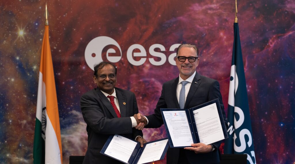 La firma dell'estensione dell'accordo di cooperazione spaziale tra ESA e ISRO a settembre 2026. Credits: ESA/D. Dos Santos