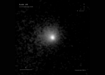 La cometa C/2026 S1 ripresa dal telescopio Euclid. L’immagine combina otto brevi esposizioni di circa un minuto e mezzo ciascuna. Credits: ESA/Euclid/Euclid Consortium/NASA, M. Pöntinen et al. 2026