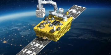 Render artistico del braccio robotico sviluppato da Rocket Lab in collaborazione con la NASA per l'in orbit servicing. Credits: Rocket Lab