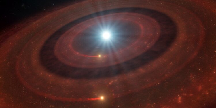 Rappresentazione artistica del disco di detriti intorno alla nana bianca J1328-1450. Credits: ESO/L. Calçada