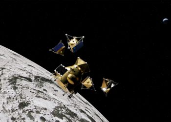 Render della navicella Elytra di Firefly che rilascia i droni MoonFall sopra il polo sud lunare. Credits: Firefly Aerospace