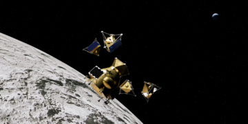 Render della navicella Elytra di Firefly che rilascia i droni MoonFall sopra il polo sud lunare. Credits: Firefly Aerospace