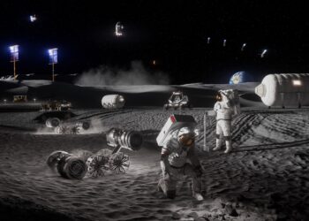 Render artistico della futura Moon Base al Polo Sud lunare. Credits: NASA