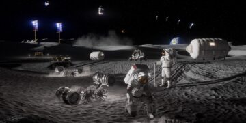 Render artistico della futura Moon Base al Polo Sud lunare. Credits: NASA